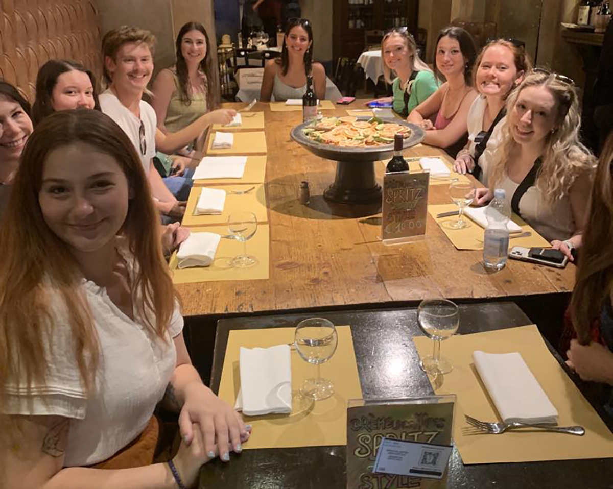 Students before dining on a five-course pasta tasting menu at Acqua al 2 in Florence, Italy. 