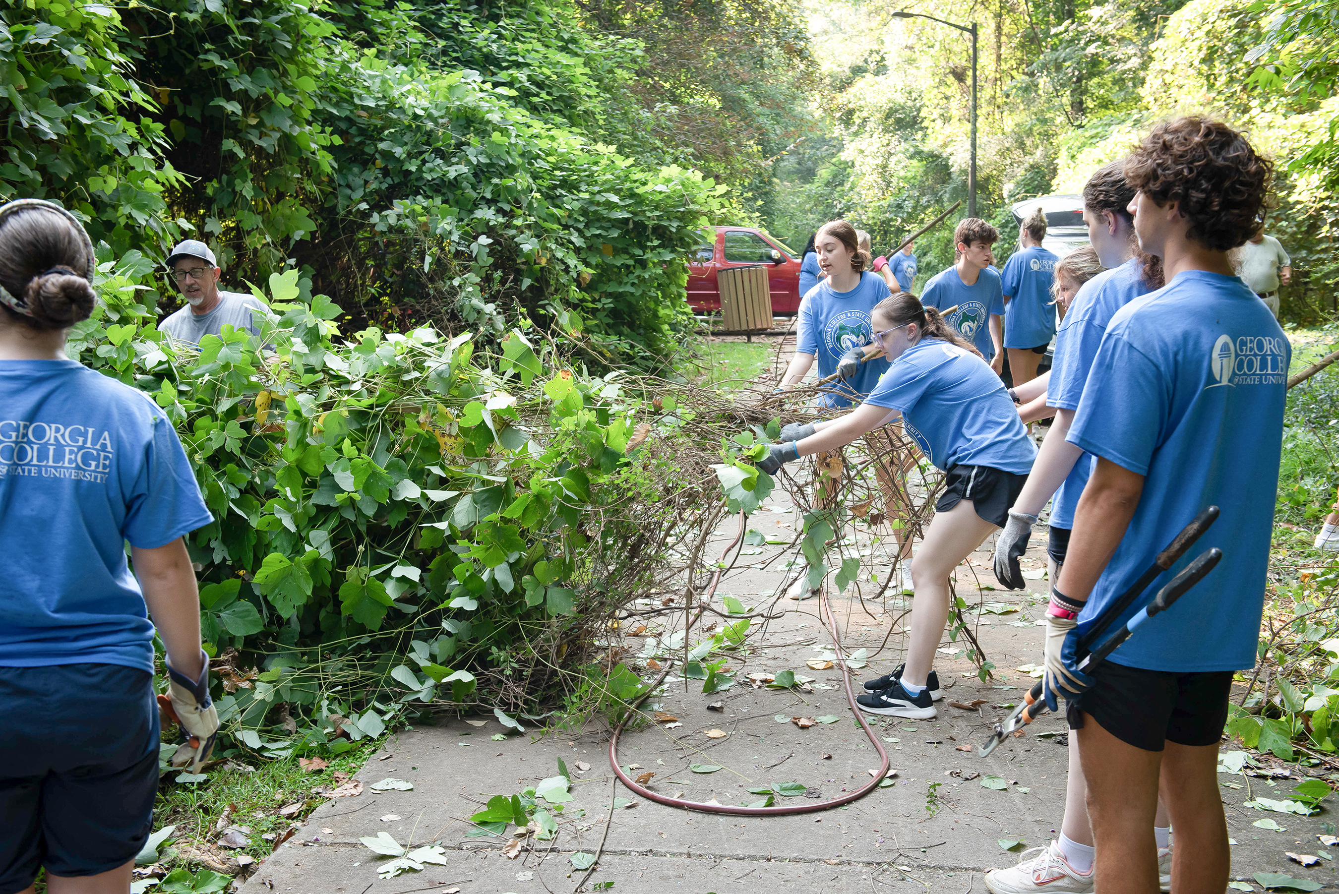 Students pull weeds during GCSU Gives Day