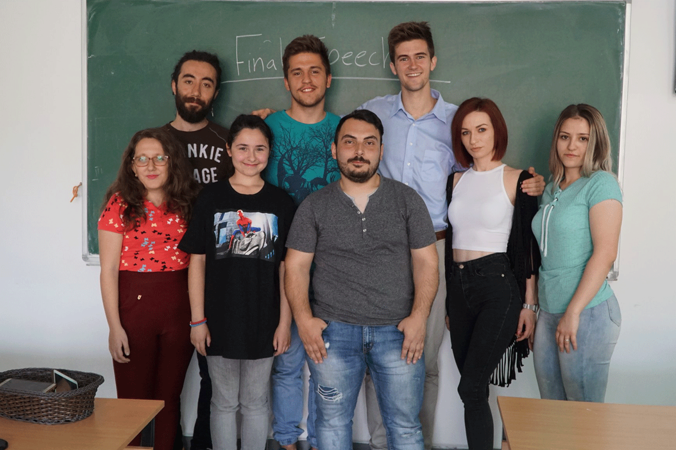 Kevin Morris (top right) and his students at the final day of classes at Goce Delčev University in Štip, North Macedonia.