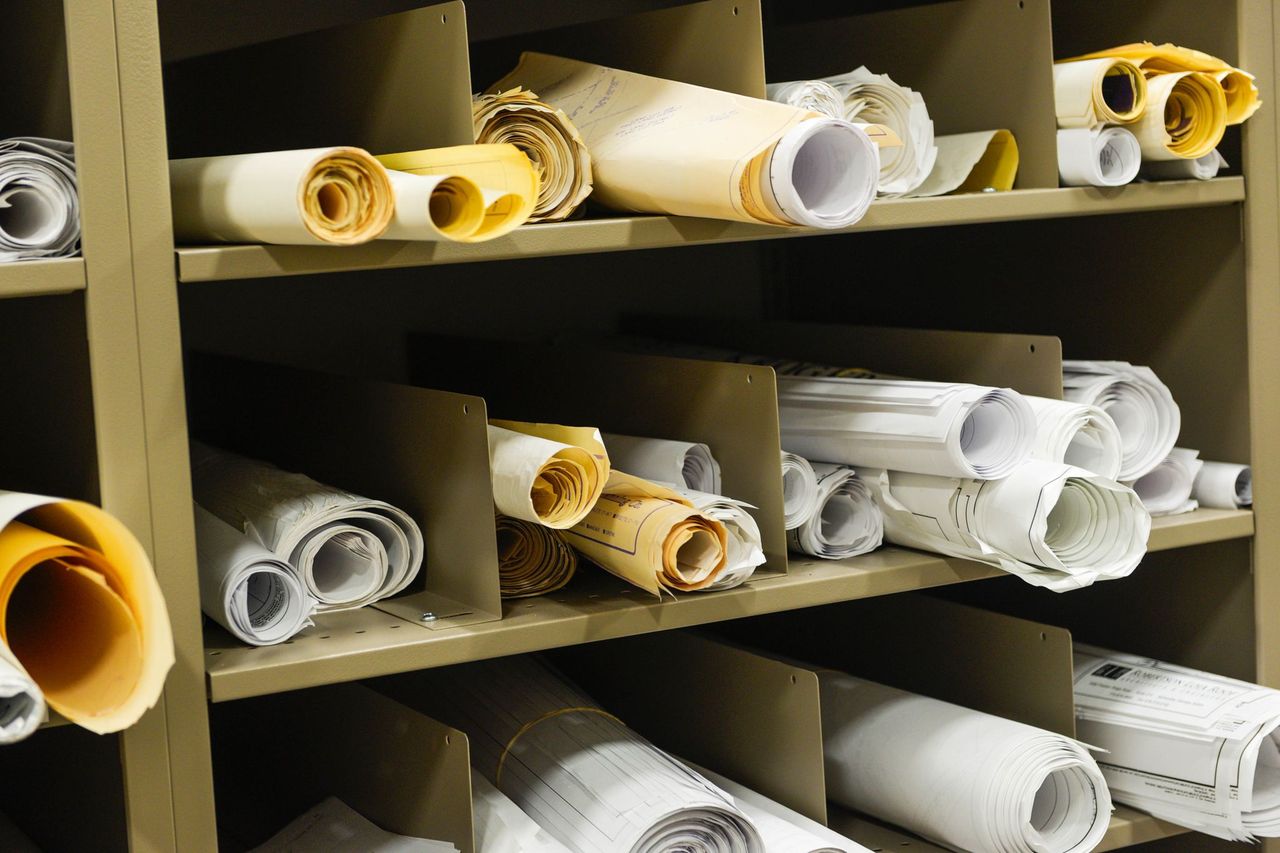 Shelves of rolled paper maps in Baldwin County.
