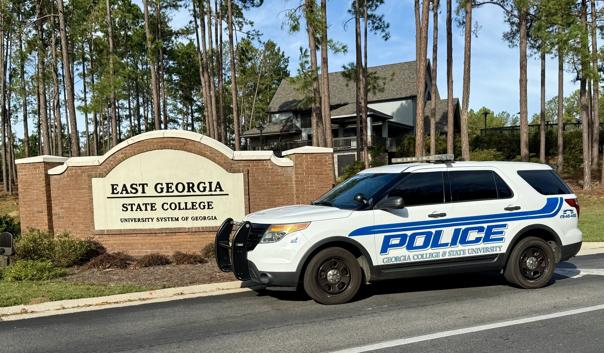 GCSU patrol car at East Georgia State College in aftermath of Hurricane Helene.