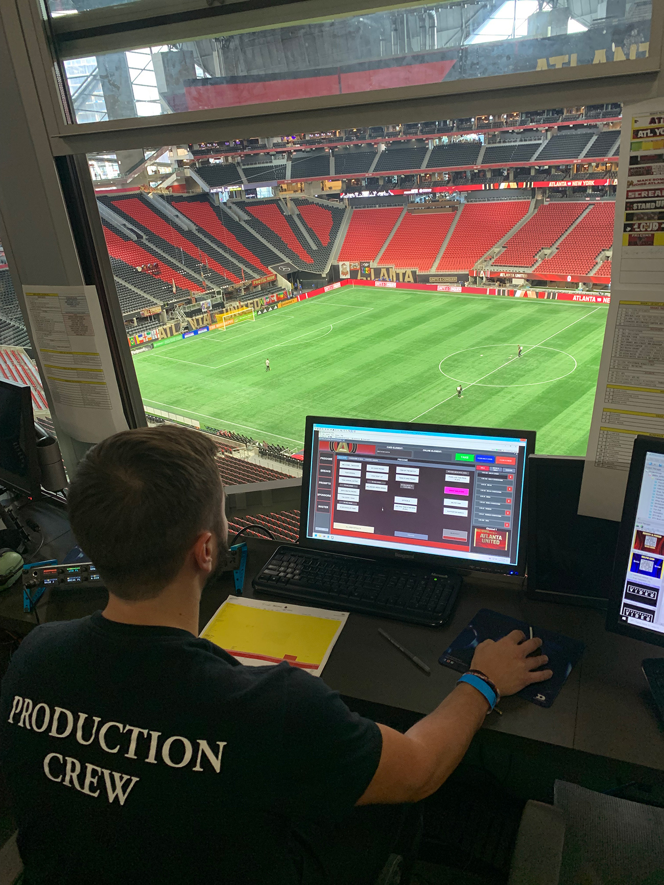 Andrew Rochefort preps during pregame before an Atlanta United Soccer match at Mercedes-Benz Stadium.