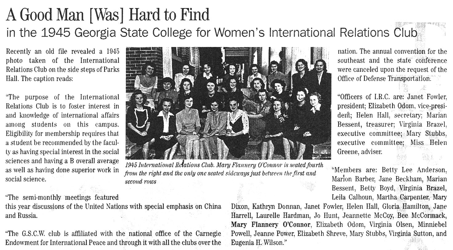 A 1945 clipping pictures members of the International Relations Club, including alumna Flannery O'Connor. (Image courtesy of Georgia College Special Collections.)