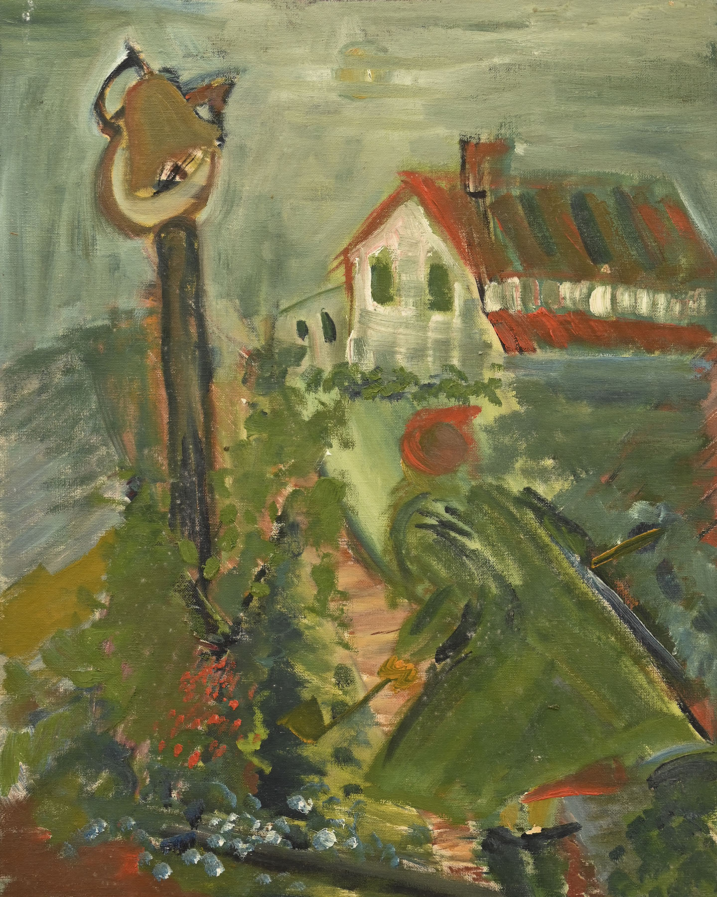 A painting by Flannery O'Connor depicting the family home at Andalusia Farm with her mother, Regina Cline O'Connor, in the foreground next to the dinner bell (Photo by Anna Gay Leavitt.)