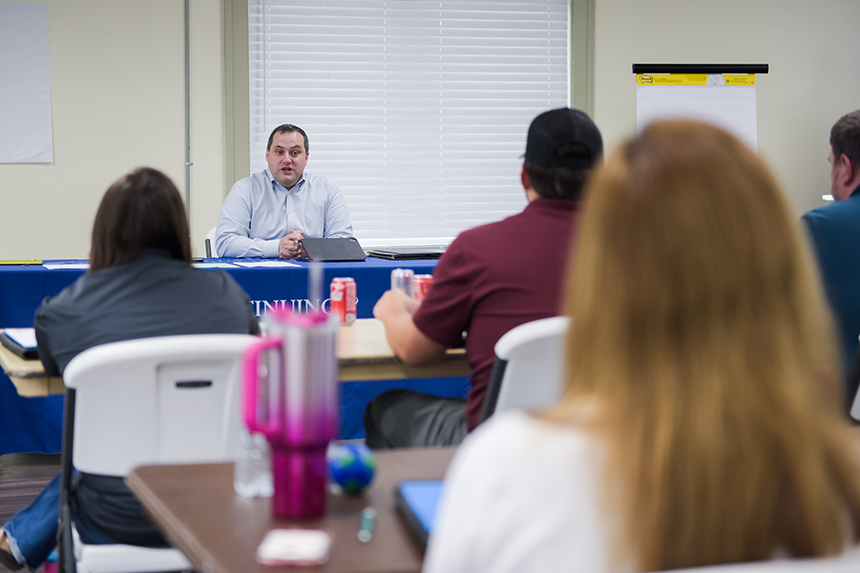 Dr. Harold Mock, center, teaching a leadership workshop (photo by Kristen Simpson)