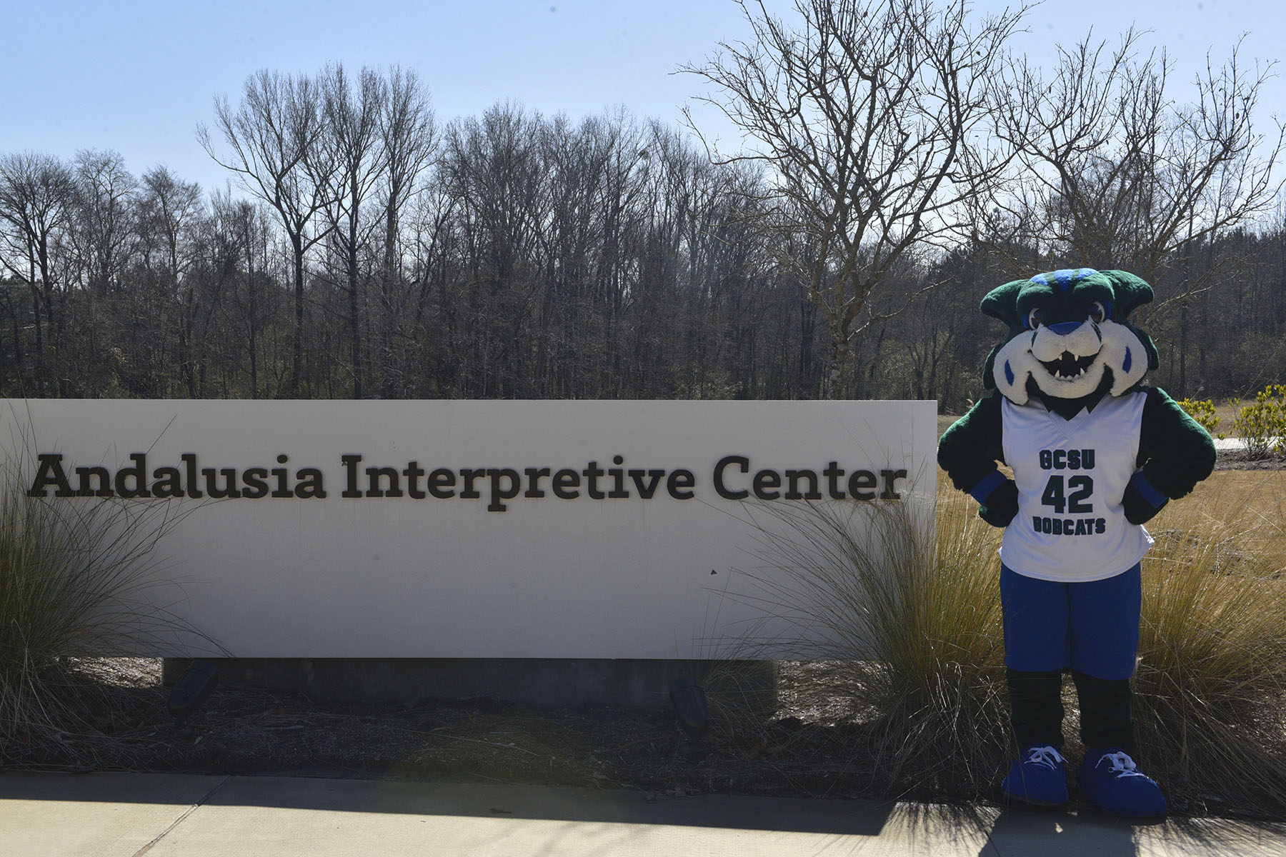 GCSU's Thunder stands beside the entrance to the Andalusia Interpretive Center. (Photo by Kylie Rowe)