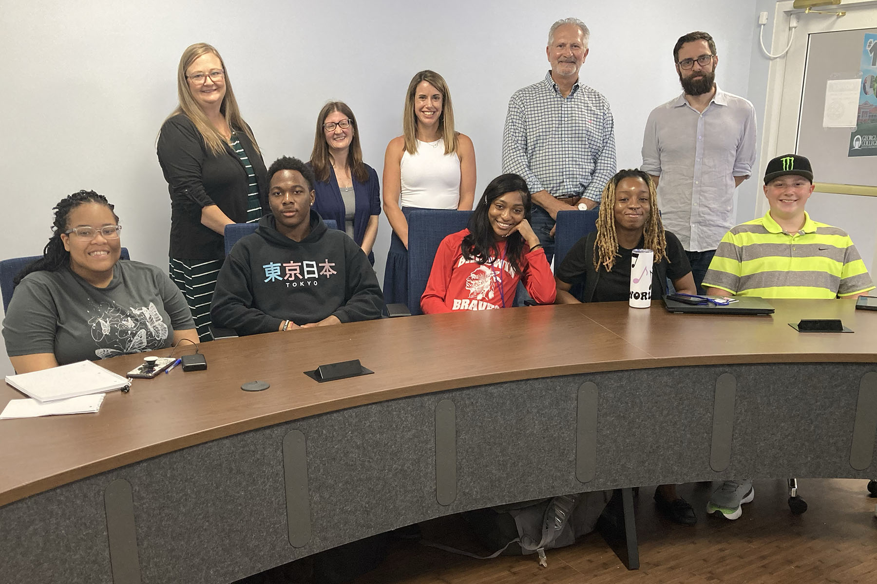 Back row, from left: Carlee Shulte, Milledgeville Main Street; Nancy Finney, College of Business and Technology; Kara Lassiter, Chamber of Commerce; Steve Chambers, Milledgeville City Council; and Nicholas Creel, College of Business and Technology. Front row, from left: Alaysia Cobb, Kingston Jenkins, Nakayla Lundy, Sariah Hill and Kyler Fryer. (Photo: Amanda Respess)