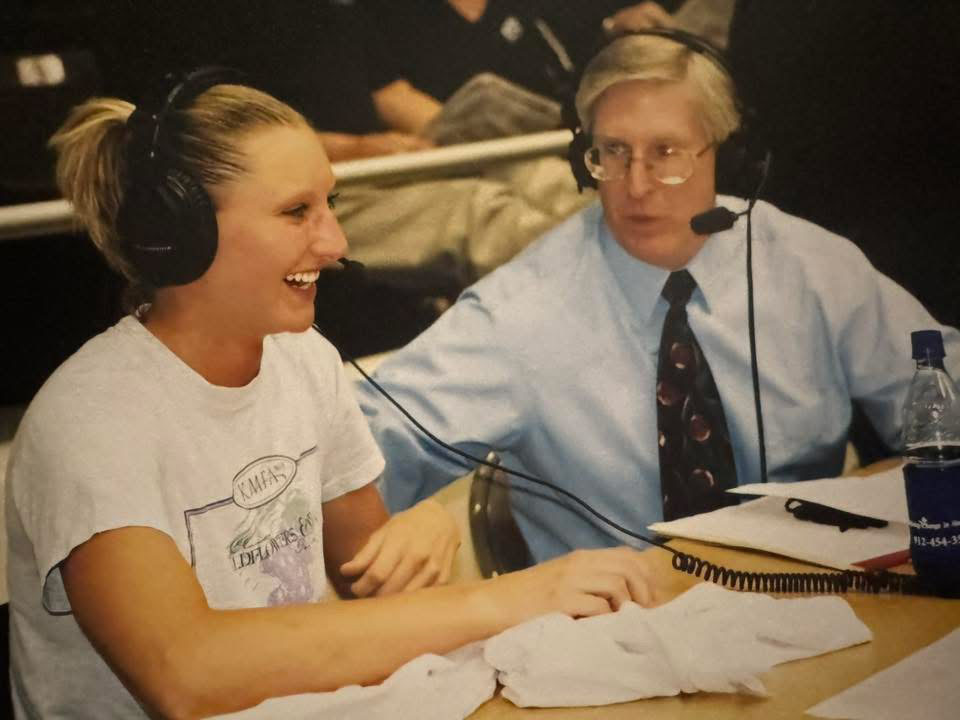 MacLeod interviews former Bobcat women’s basketball player Breane Haggard, now Breane Bulger, after a game circa 2004. (Photo courtesy of Scott MacLeod)