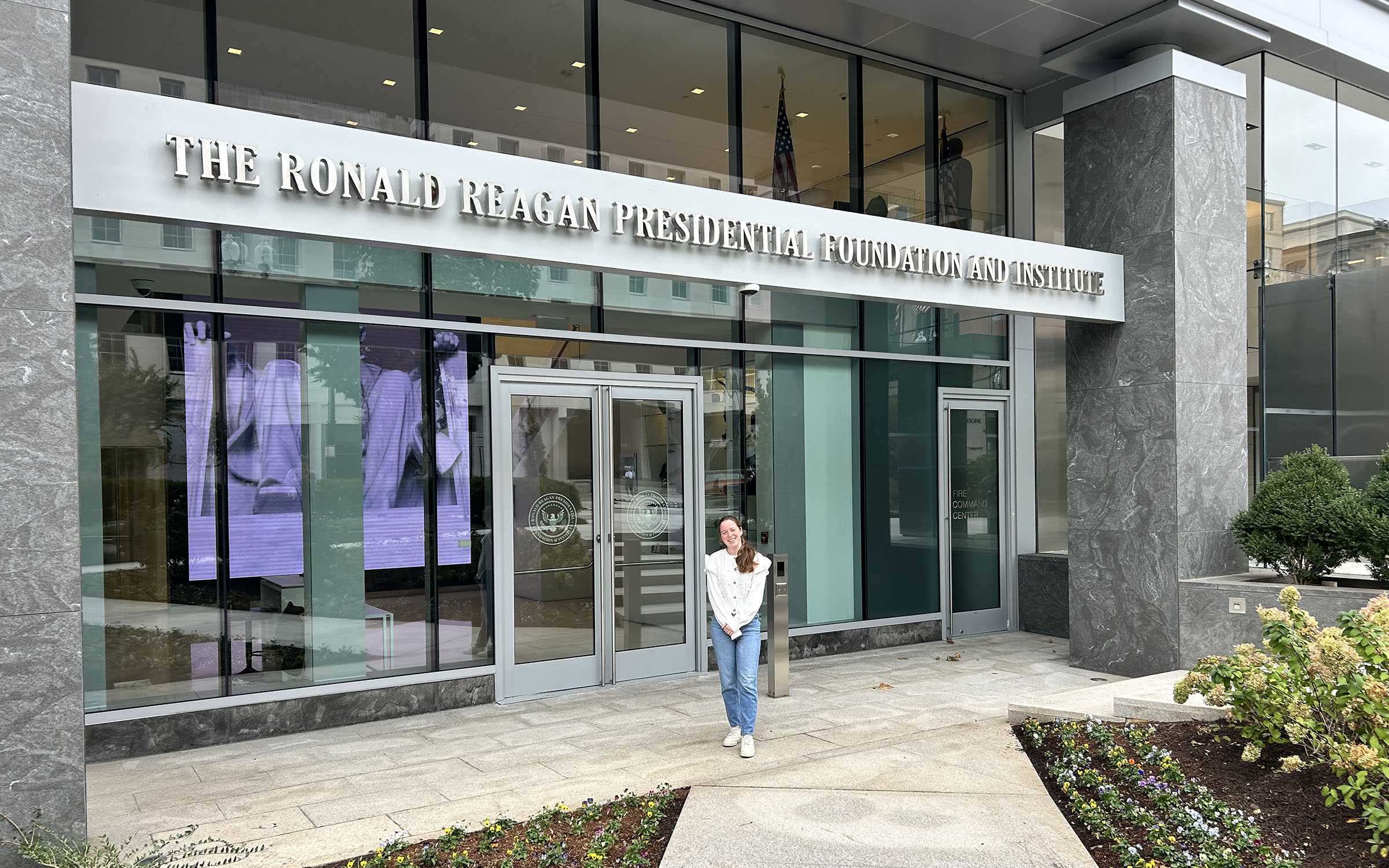 Mia Simmons in front of the Reagan Institute Building