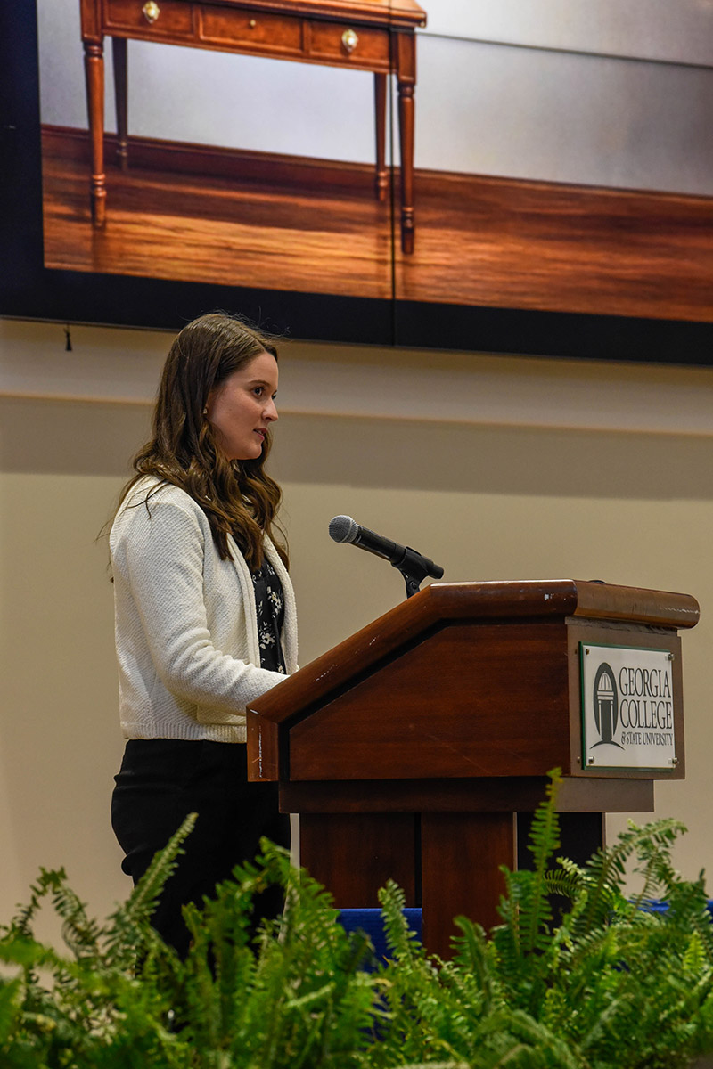 Senior education major Elizabeth DeRoth gave opening remarks. (Photo: Janelle Tyler)