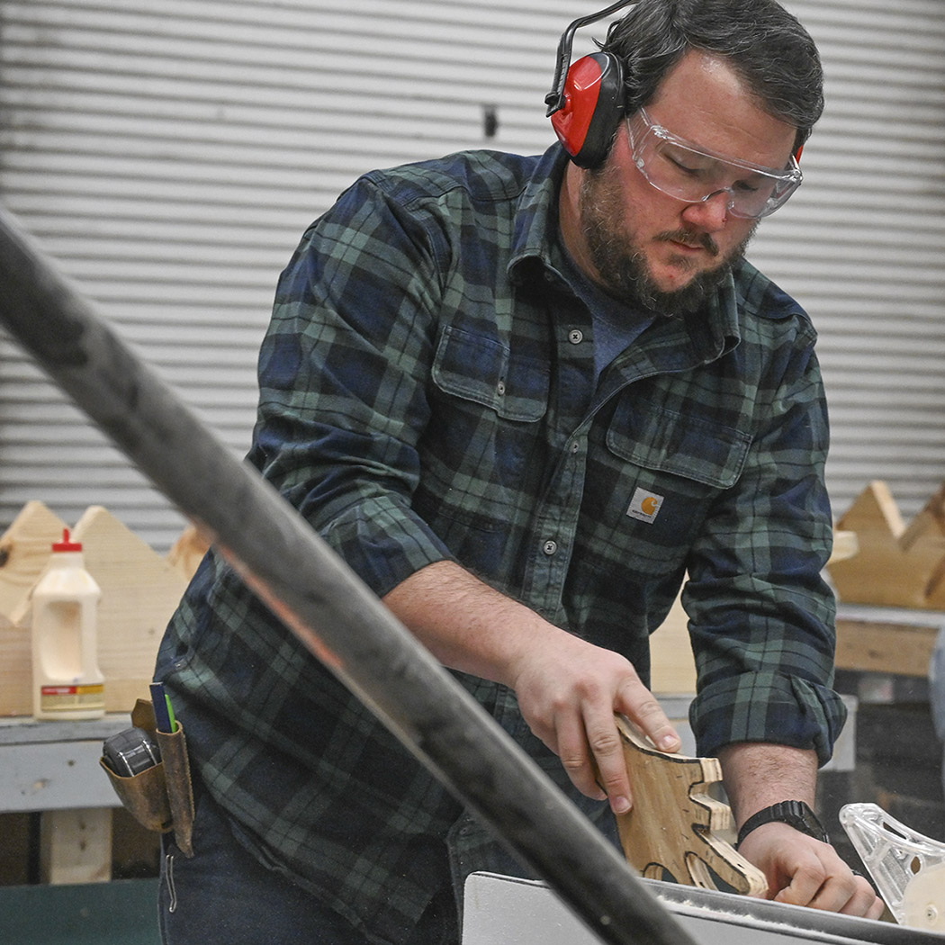 Patrick Hamilton ('17) in the GCSU Scene Shop. (Photo: Anna Gay Leavitt)
