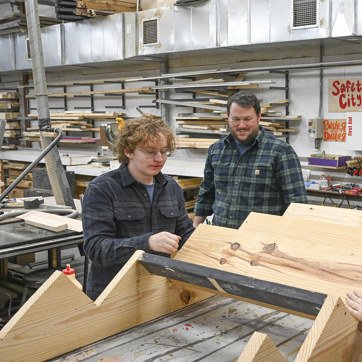 Wesley Baumann, left, and Technical Director Patrick Hamilton building sets in GCSU's Scene Shop. (Photo: Anna Gay Leavitt)