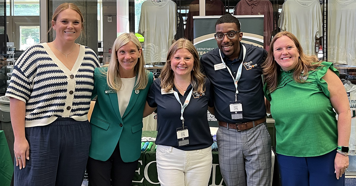 GCSU alumni and faculty at Teach in the Peach 2026, from left: Jordan Brown ('18), middle grades education; Dr. Joanne Previts, interim dean of the College of Education; Cameron Shuler ('20), elementary education; William Cooper ('17, '22), middle grades education and instructional technology; Dr. Stacie Pettit, chair of the Department of Teacher Education.