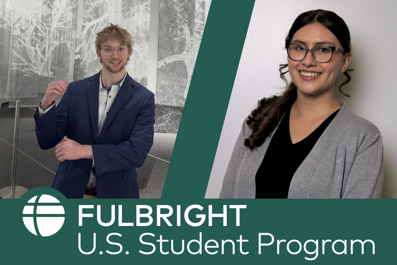 Cauley and Martinez with Fulbright logo