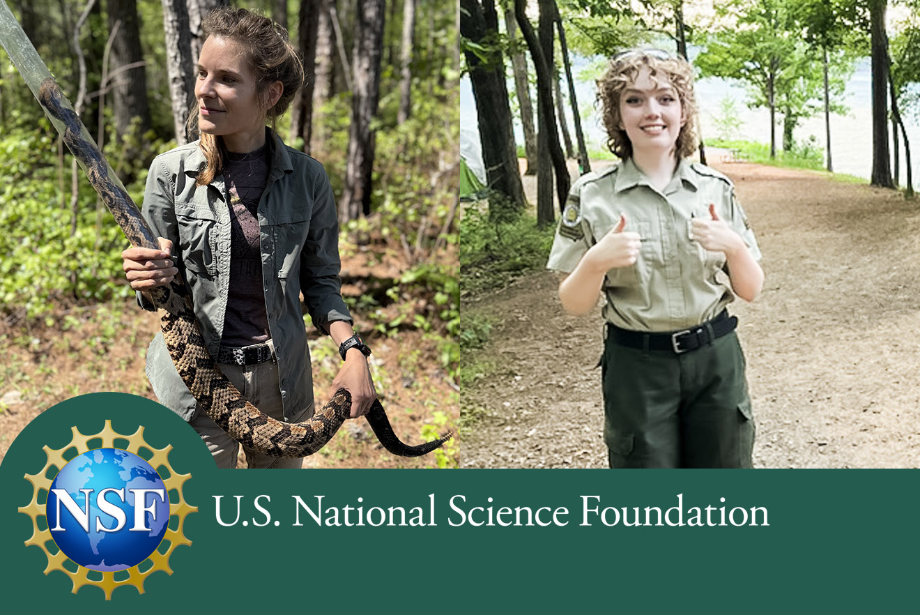 Field photos of Amber Stubbs, left, and Sydney Irons with NSF logo beneath on green background