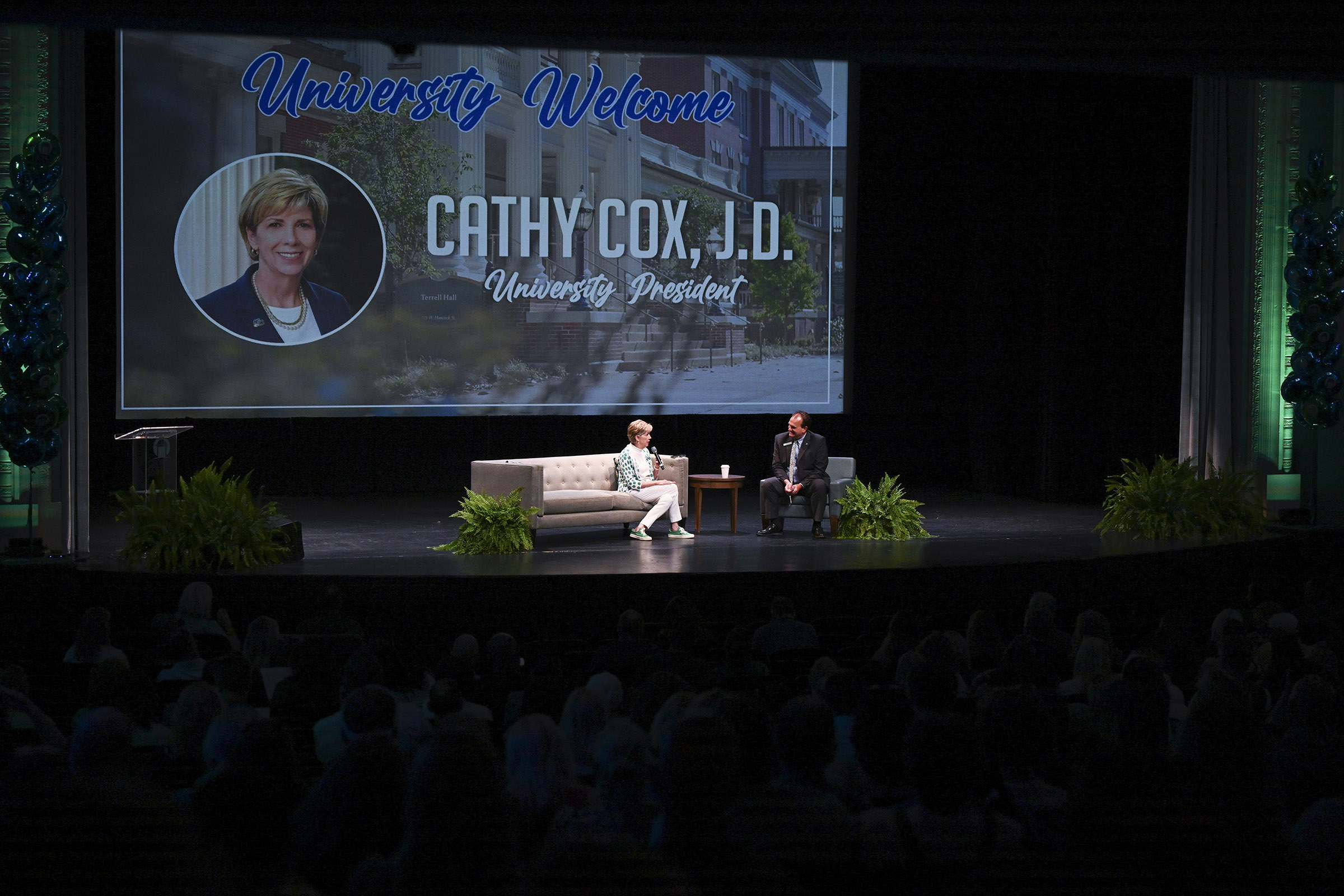 Cathy Cox on stage at orientation