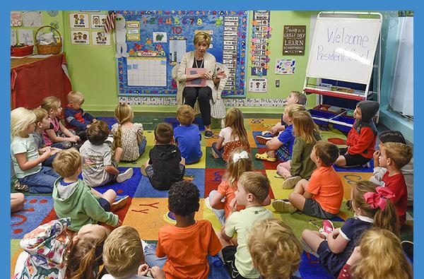 President Cathy Cox read &ldquo;Hey Georgia&rdquo; to local students in celebration of GA Pre K Week 