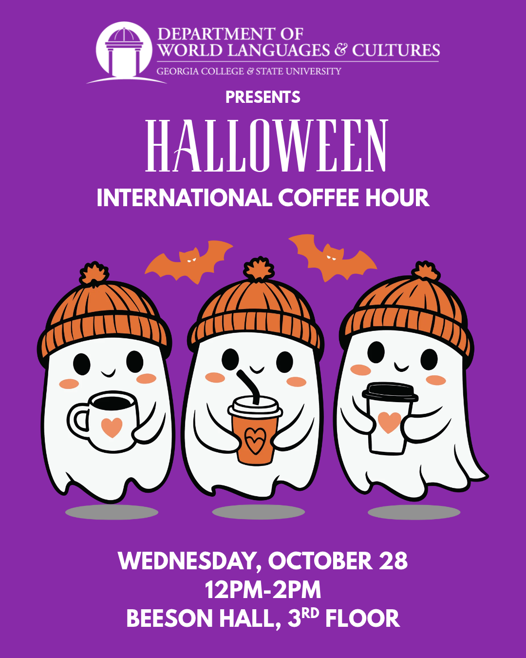 Purple background with image of three ghosts holding coffee cups. Event name and details listed and department logo is shown.