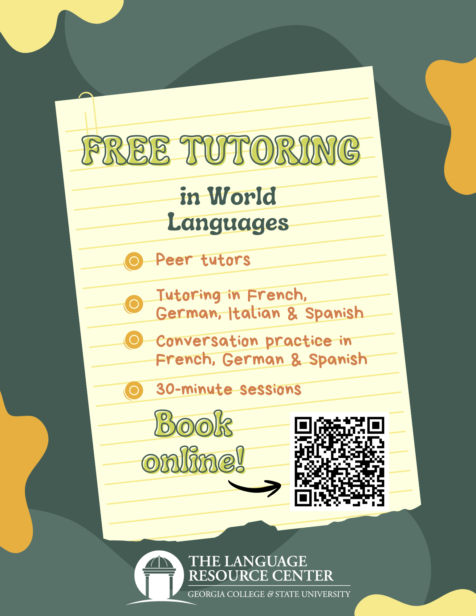 A graphic announcing free tutoring peer tutoring in world languages along with a QR code to book an appointment.