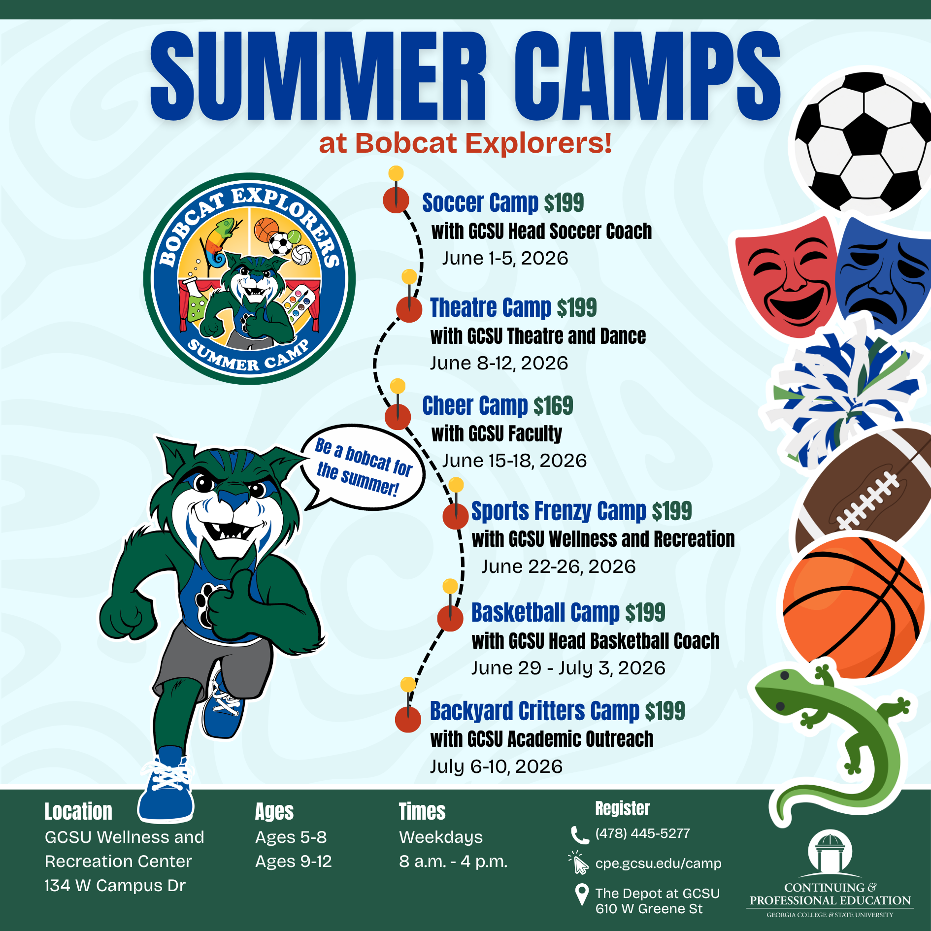 infographic with thunder the bobcat and a list of summer camps offered at Bobcat Explorers for summer 2026