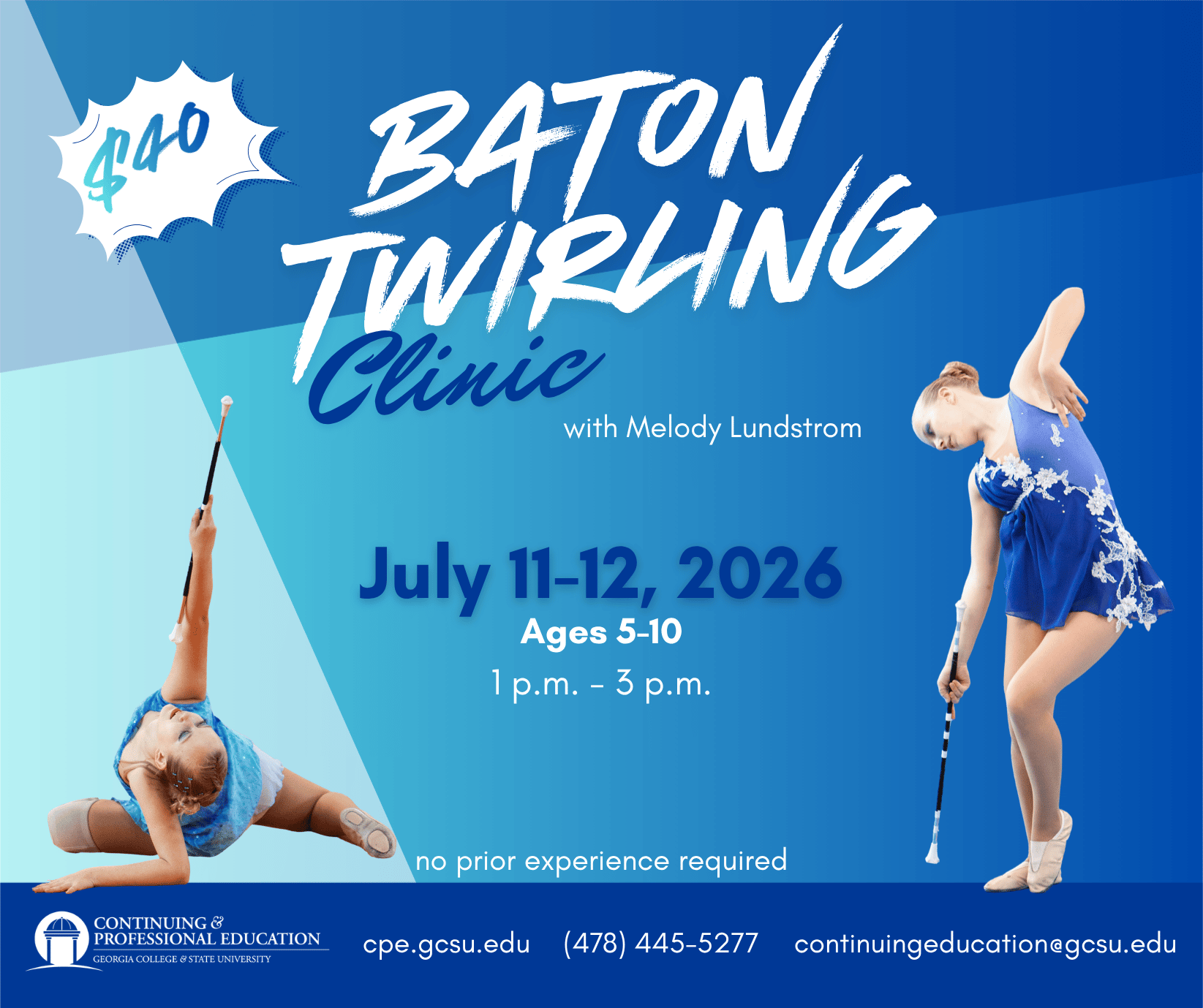 Baton Twirling Clinic with Melody Lundstrom infographic with two baton twirlers