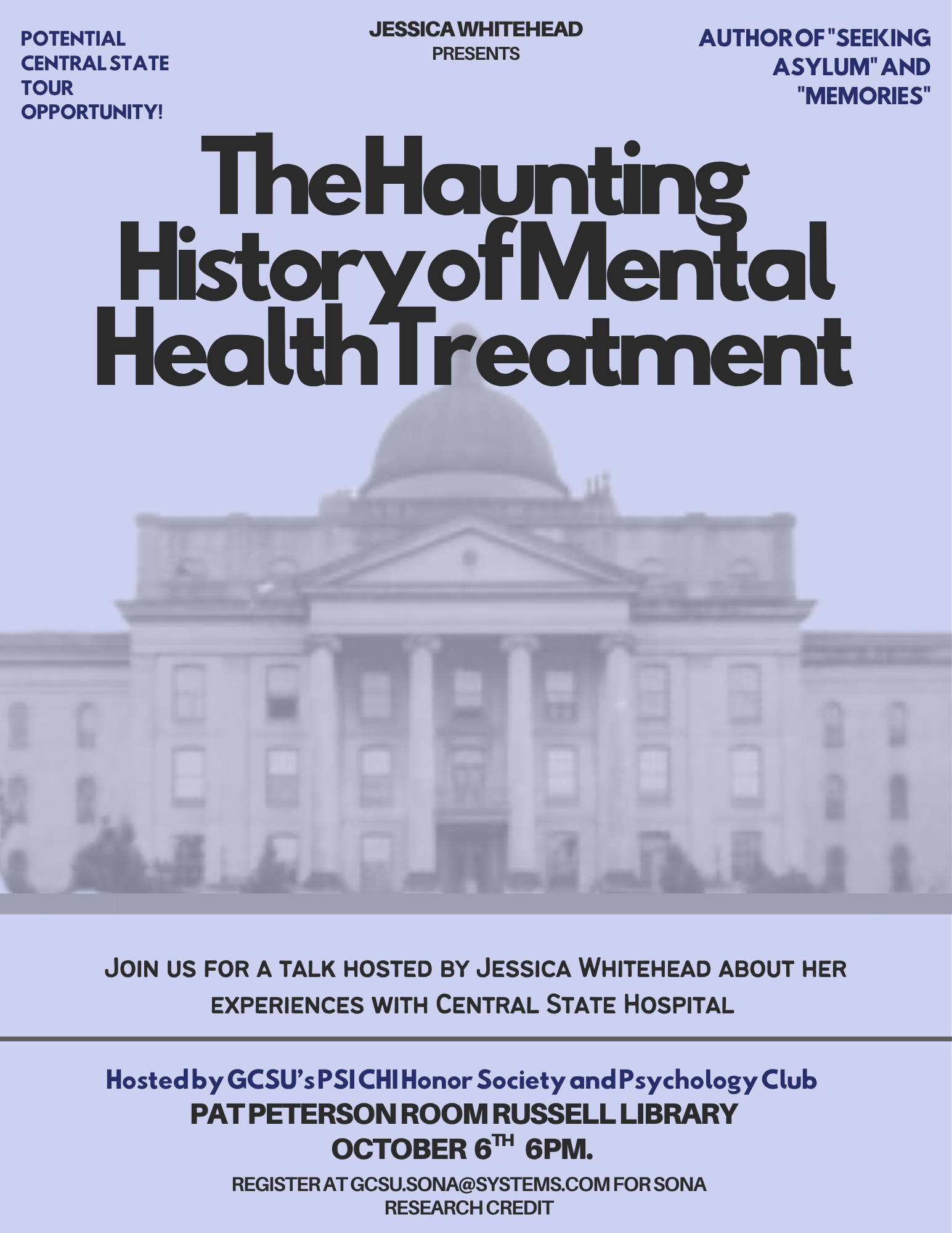 Event poster announces “The Haunting History of Mental Health Treatment,” an author talk by Jessica Whitehead