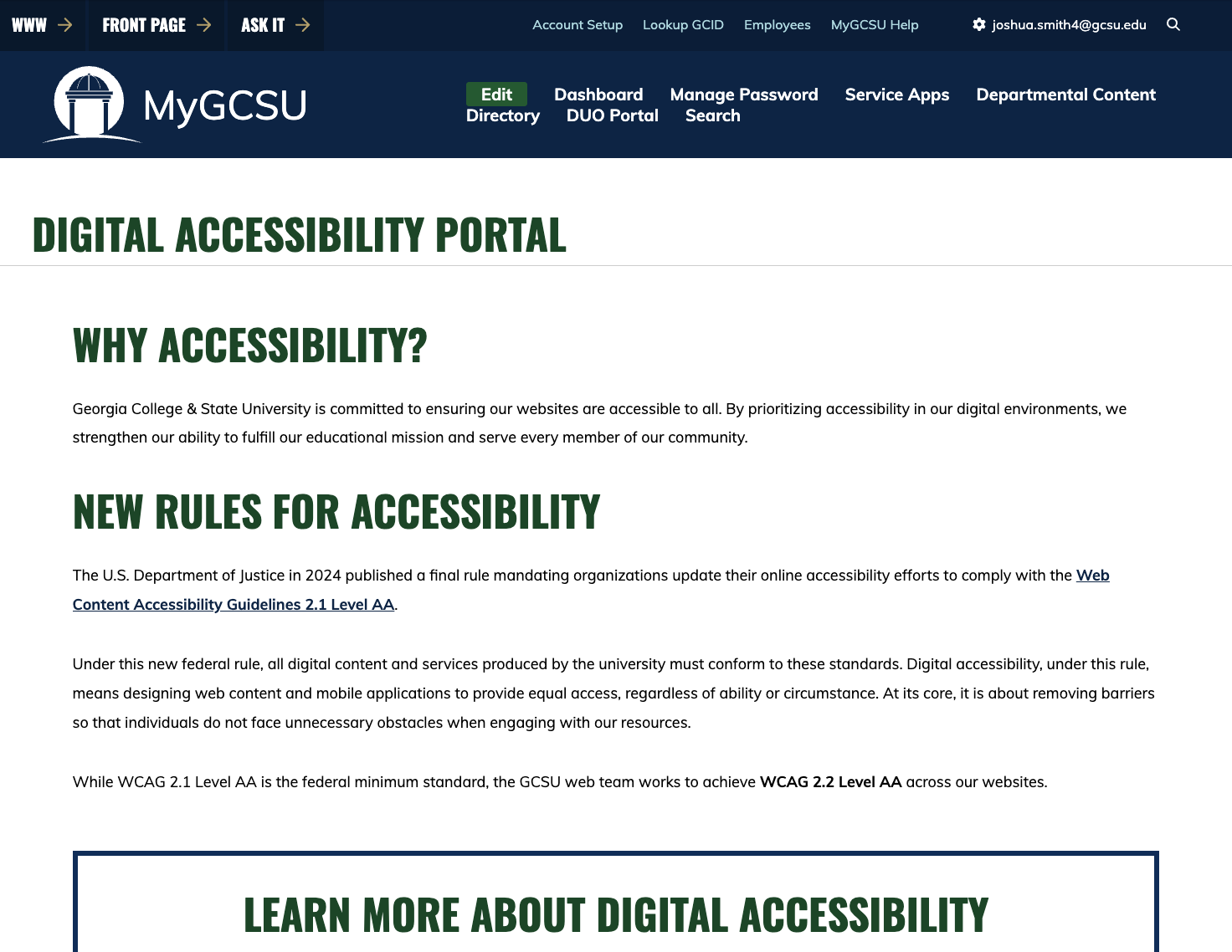 A screenshot of the digital accessibility portal with information on what it is and what the requirements are