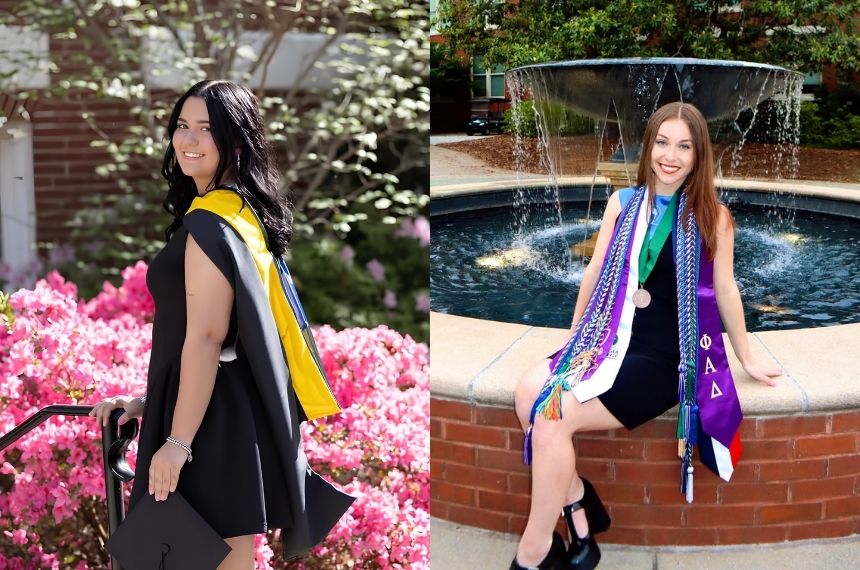Two graduation portraits: one woman near pink flowers, another wearing stoles at a fountain.