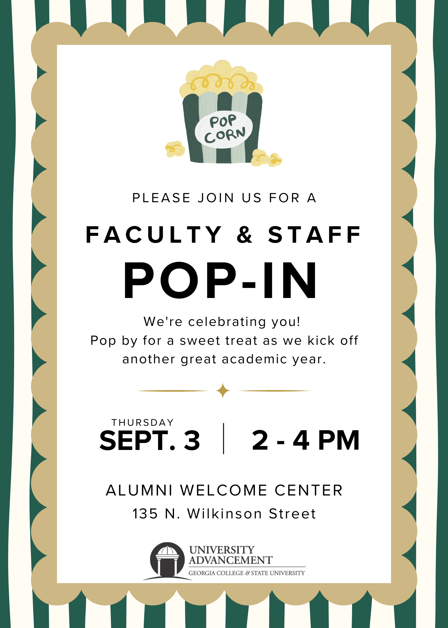 Green and gold invitation featuring a popcorn emoji and the headline “Faculty & Staff Pop-In.” Faculty and staff are invited to 