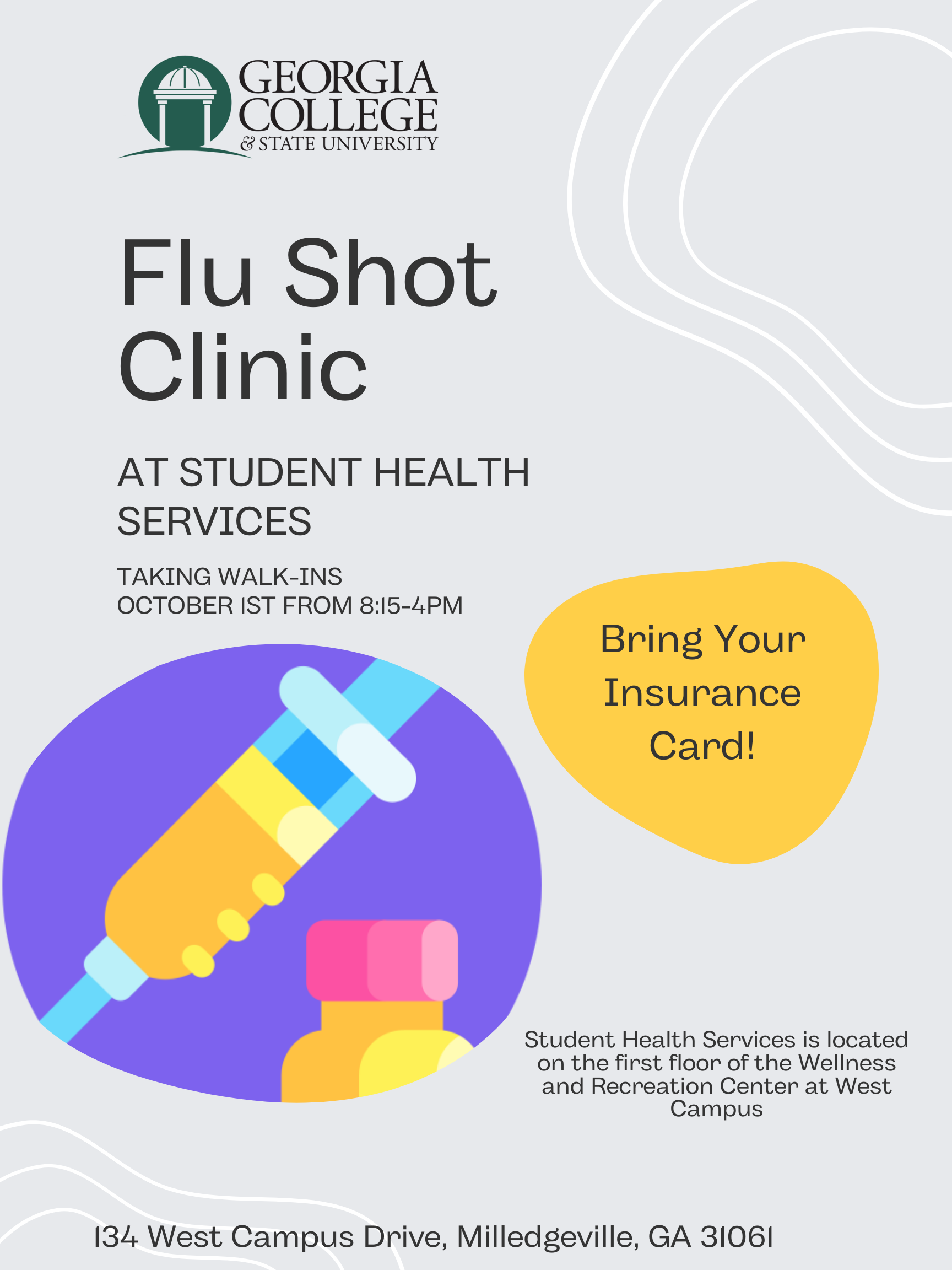 Flyer for student Flu Shot Clinic Tuesday, Oct. 1, 8:15 a.m. to 4 p.m.