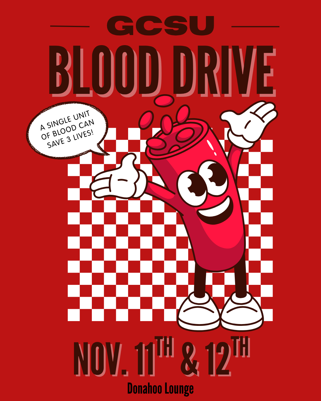 cartoon image of blood vessel with speech bubble that says "a single unit of blood can save 3 lives"