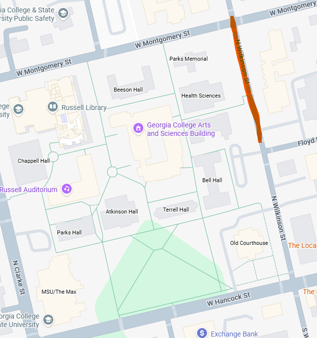 Map of road closure area near Herty Hall