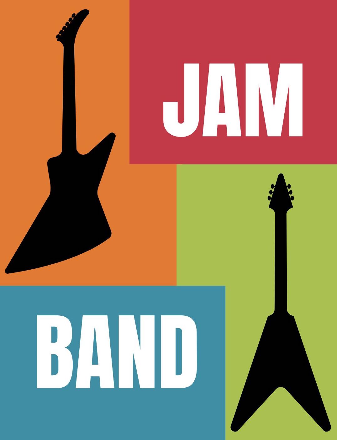 A multicolored graphic with two black guitars and white text that reads Jam Band.