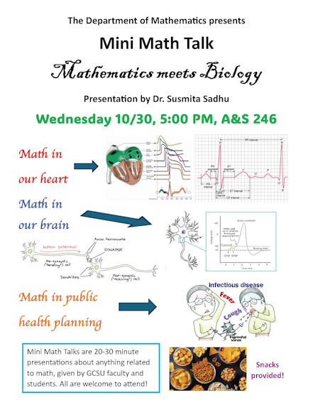 Flyer describing the event and showing images of math in the heart, the brain, and in public health planning