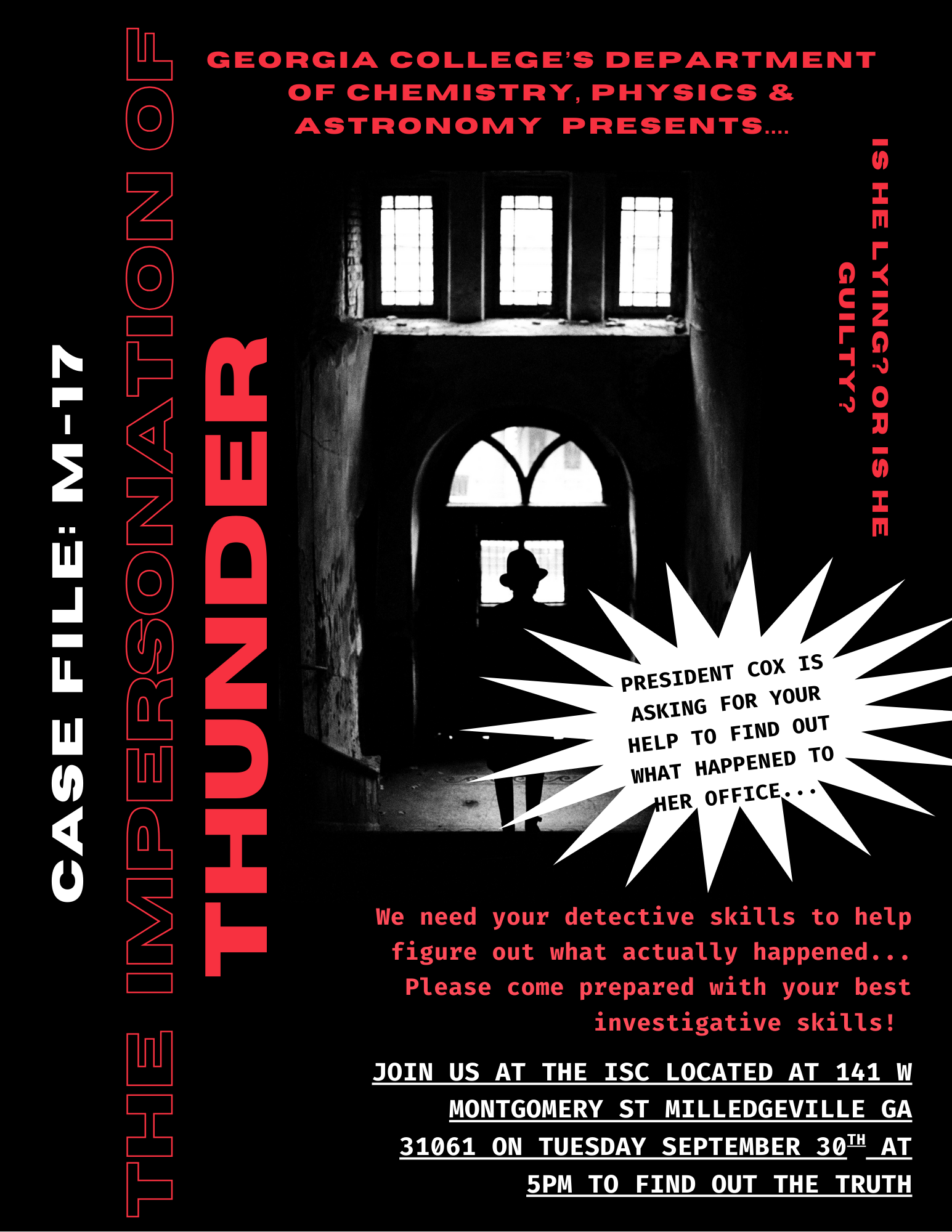 flyer for the forensic night to be held Sep 30, 5-7 PM. Flyer shows event details and the scenario of the crime.