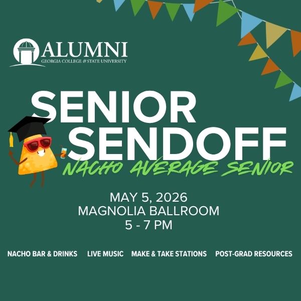 Senior Send Off features a chip with a graduation cap celebrating on a green background. 