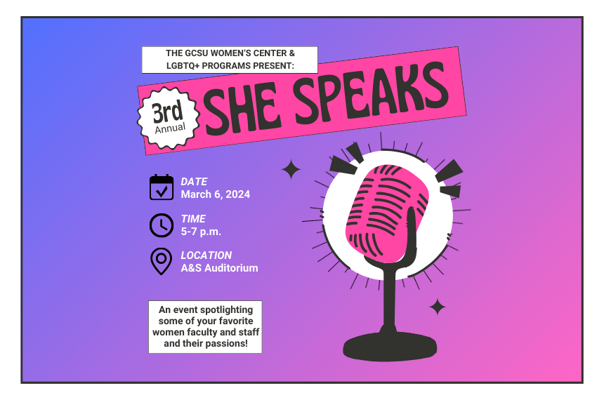Flyer for She Speaks event with pink, purple, and blue background and a pink and black microphone