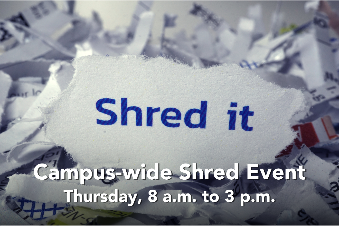 shredded paper backgroupd with text "Shred It" in blue font