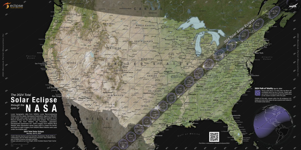 An NASA generated image simulating the April 2024 path of the total solar eclipse.