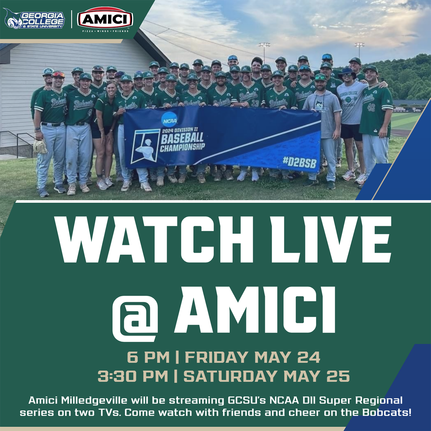 Watch Live at Amici with photo of the Bobcat Baseball team