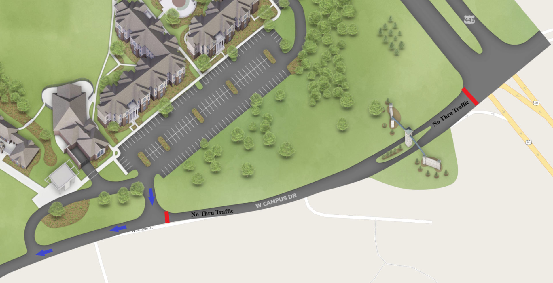 map of GCSU West Campus with main entrance shown as blocked off